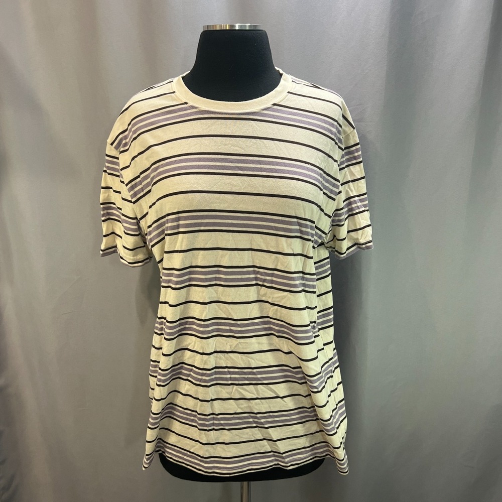 Forever 21 T Shirt Men Medium Beige Purple Striped Cotton Straight Hem Crew Neck